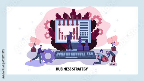 Business strategy plan and financial report concept. Teamwork, computer, technology. Vector web site design template. Landing page website concept illustration