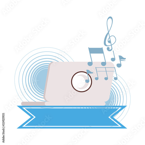 laptop computer with music notes