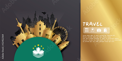 Macau Travel postcard, poster, tour advertising of world famous landmarks in paper cut style. Vectors illustrations