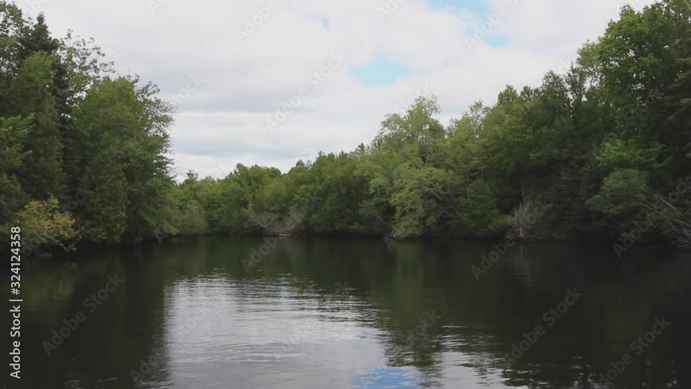 The Serene Waters Surrounded By Green Trees On A Sunny Day In Ontario, Canada. -wide shot The Serene Waters Surrounded By Green Trees On A Sunny Day In Ontario, Canada. -wide shot