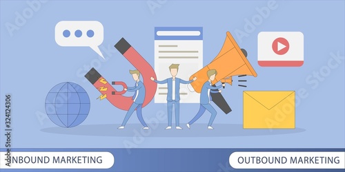 inbound marketing and outbound marketing,business strategy concept,businessman attracts customers with magnets and megaphone,communication ,website ,socialmedia,video,email.Vector outline design