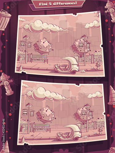 Vector pink cartoon background find five differences