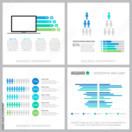 Creative graphs set for annual report, business project, web design, presentation slide template. Social media analysis, population concept. Bar, percentage, comparison charts