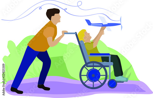 The concept of two people. A boy in a wheelchair holds a toy airplane in his hands, and his friend rolls a stroller.