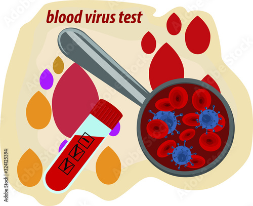 Blood test for the content of viruses. Blood virus, magnifying glass, blood ampoule, vector illustration