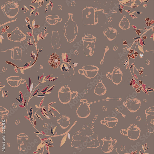 Pencil drawing of coffee elements, mugs, coffee grinder, spoons, turk for making coffee framed by flower branches. Vector illustration.
