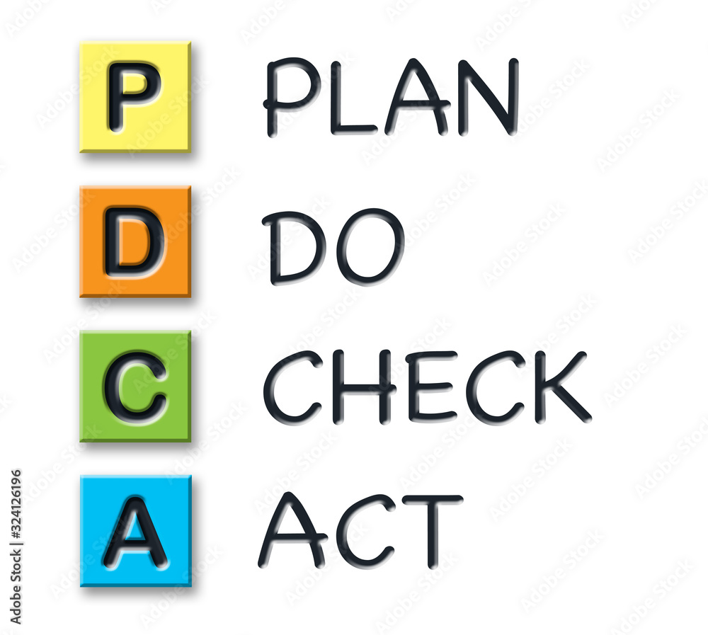 PDCA initials in colored 3d cubes with meaning PDCA initials in colored 3d cubes with meaning