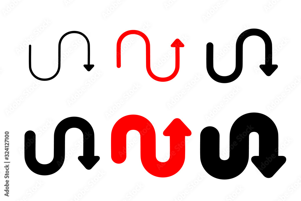 Set Arrows and directions signs swirl or repeat. different thicknesses from thin to thick. Black Vector arrows isolated on white background.