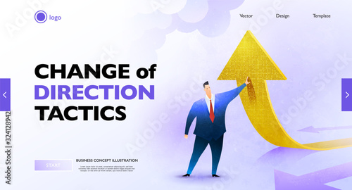 Change of a direction concept banner. Businessman standing to change the arrow sign's direction upward. Business vector illustration.