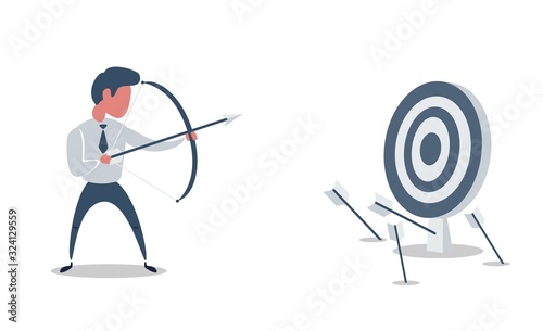 Blindfold businessman shooting arrow. Vector flat design illustration.