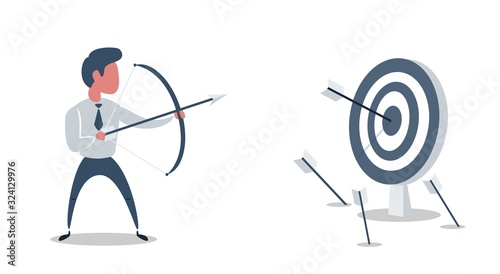 Successful businessman character shoots or aiming at the target. Business concept illustration. Vector flat design illustration.