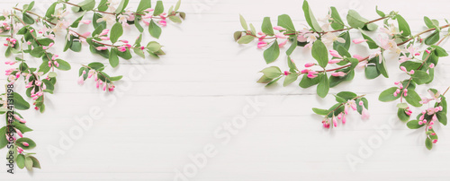 branches of  bush with pink flowers on wooden background