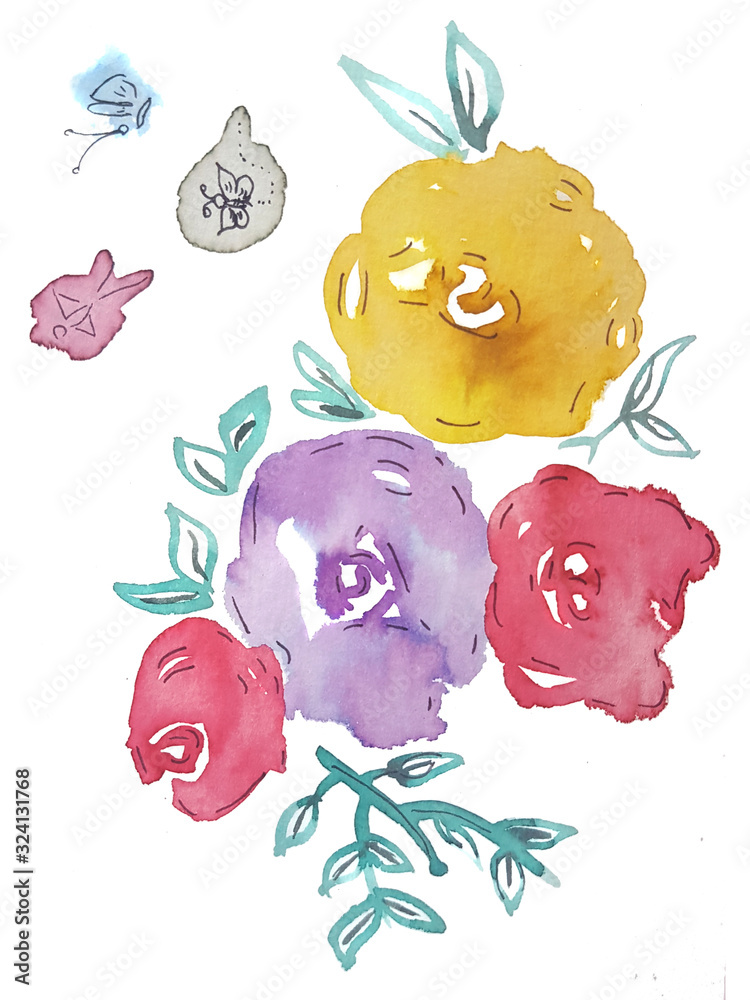 Obraz premium Desenho a mão aquarela com ramo de flores, elementos de design para convites, estampas, cartaz
