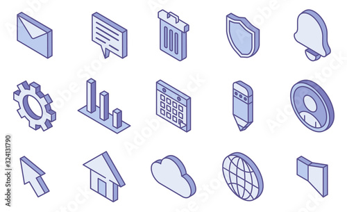 Web UI isometric icon set. User interface line vector symbol collection, linear colorful pictogram pack. Signs, logo illustration, Set includes icons as mail, settings gear, notice bell, edit contact