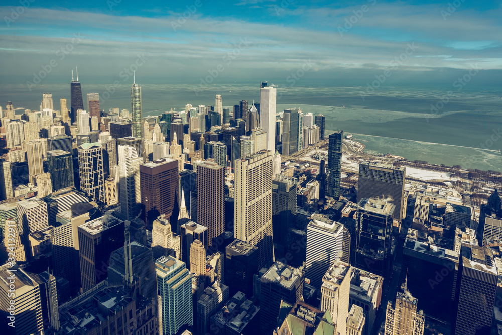 Fototapeta premium Chicago skyscrapers, winter downtown panorama