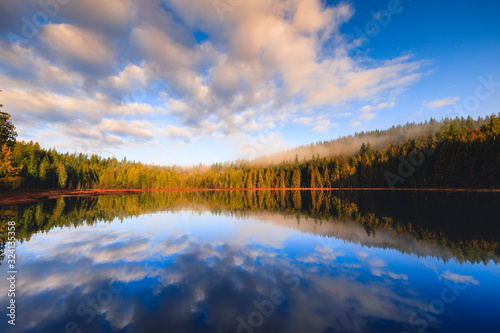 Stunning reflection on lake in early winter morning