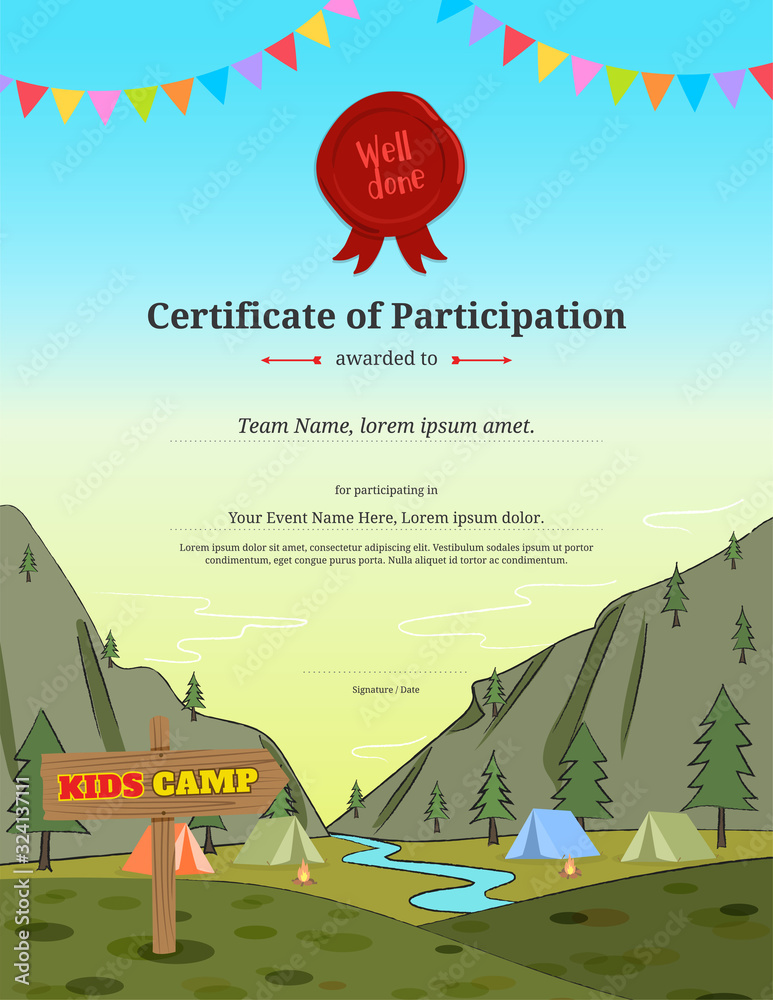 Kids certificate template in vector for camping participation Stock ...