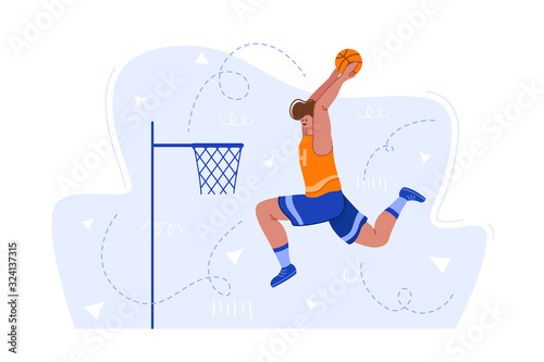 Basketball player with ball on playground, young muscular man in uniform playing match, guy jumping and holds sports ball, player train in basketball, flat people - isolated vector for poster, merch
