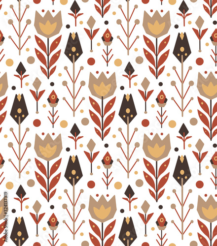 Seamless tribal pattern on a white background. Tulips and branches with leaves and dots. Vector native template for wallpaper, textile, card and your creativity