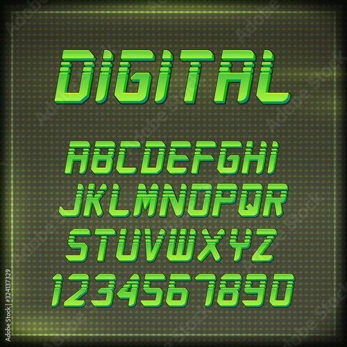 Virtual Reality Retro Arcade Font. Stylish Retro Synth Wave Alphabet in 80s style. Vector font on CRT display background