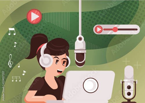 female announcer with radio microphone and earphones