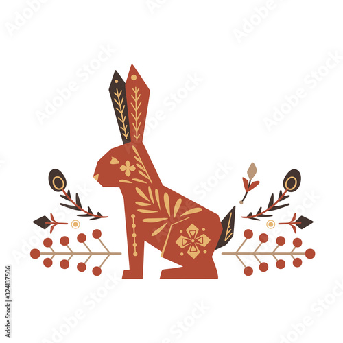Festive square Easter card with rabbit, floral tribal decoration pattern on a white background. Vector boho greeting card for invitations, cards and your creativity.
