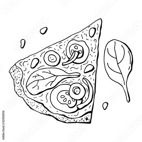 Vegan pizza,  with vegetables,  spinach and spinach. Line art. White background, isolation. Stock illustration.