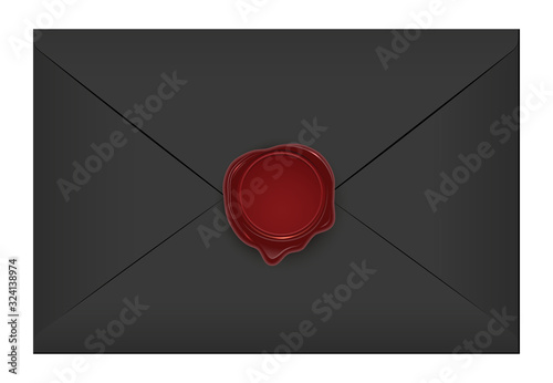 Realistic closed vintage old aged black letter envelop with round dark red wax seal stamp. Paper parchment. Ancient postage symbol collection. Post object isolated on white. Vector illustration.