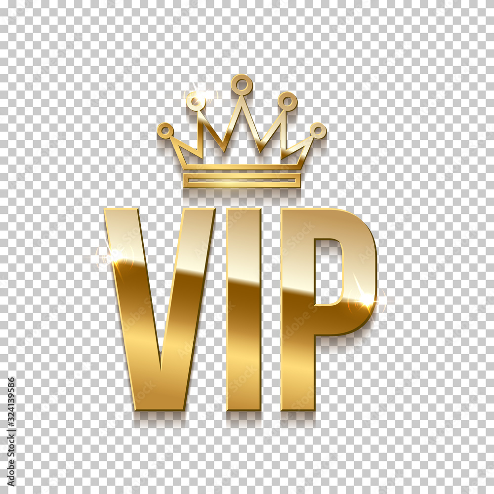 Glowing gold vip text and crown on transparent background. Golden realistic design template. Party premium invitation design element. Vector illustration. - obrazy, fototapety, plakaty 