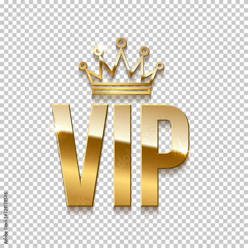 Glowing gold vip text and crown on transparent background. Golden realistic design template. Party premium invitation design element. Vector illustration.