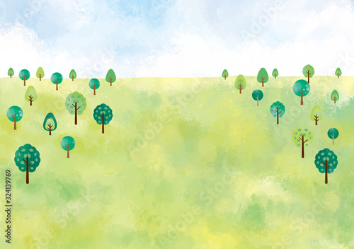 風景：水彩　水彩画　背景　背景素材　風景　にじみ　丘　草原　野原　春　夏　秋　冬　原っぱ　高原　森