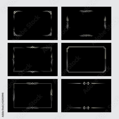 Set of silver vintage borders in silent film style isolated on black backgrounds. Vector retro design elements.