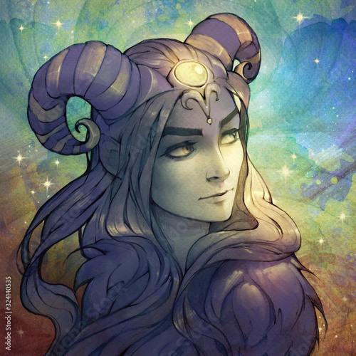 Digital original illustration of a zodiac character, Aries, as a fantasy style portrait of a beautiful woman  wearing decorated horns