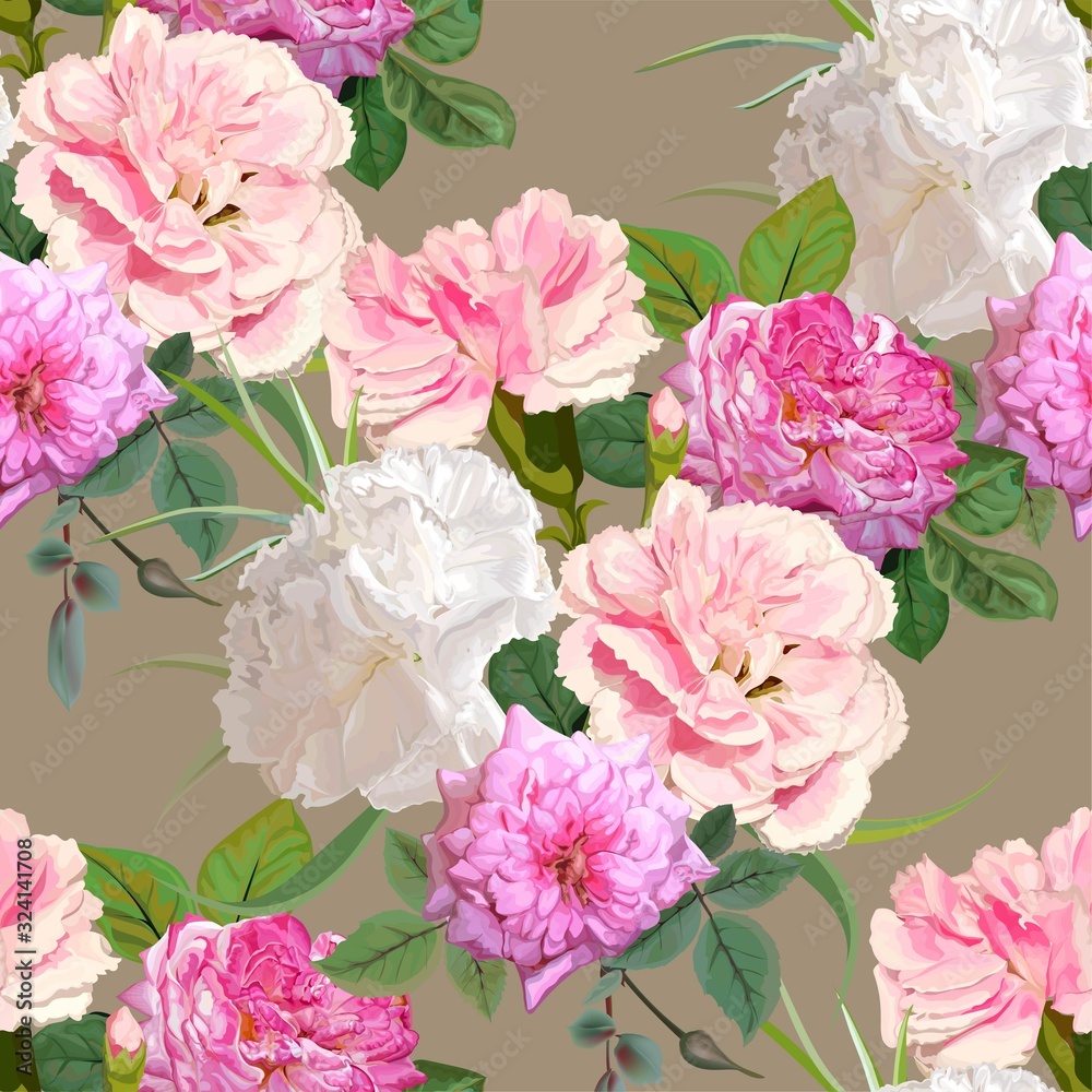 Obraz premium Rose and carnation flower seamless pattern vector illustration