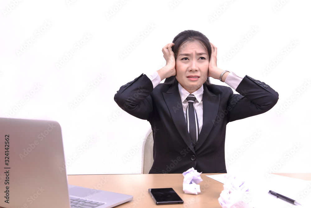 Business young Asians are busy with work, with white background. Business young Asians are busy with work, with white background.