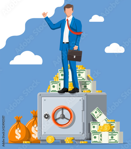Businessman on safe box. Closed silver metallic safe with money. Gold coins, stacks of dollar cash, bags with money. Bank vault security, deposit storage, cash safety safebox. Flat vector illustration