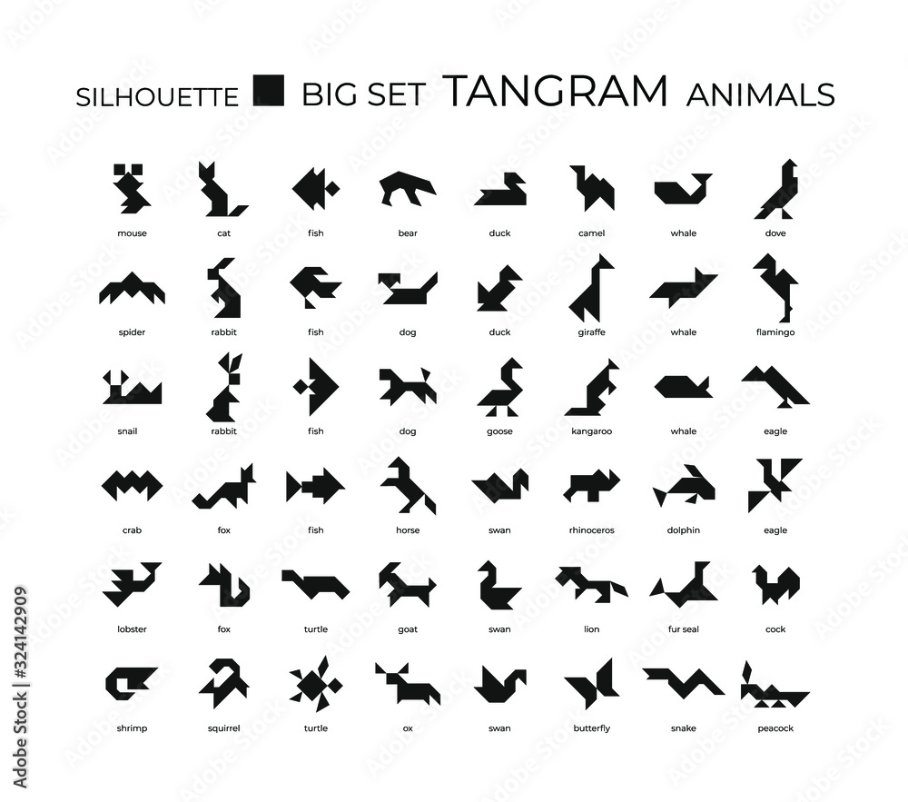 Vector big set of tangram from animals silhouettes. 48 silhouette icons on  a white background. Tangram children brain game cutting transformation  puzzle vector set. Stock Vector | Adobe Stock
