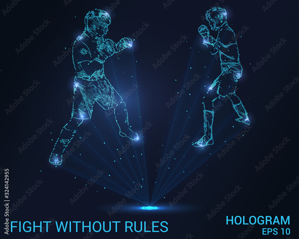 Fototapeta premium MMA hologram. Holographic projection fights without rules. Flickering energy flux of particles. The scientific design of the sport.