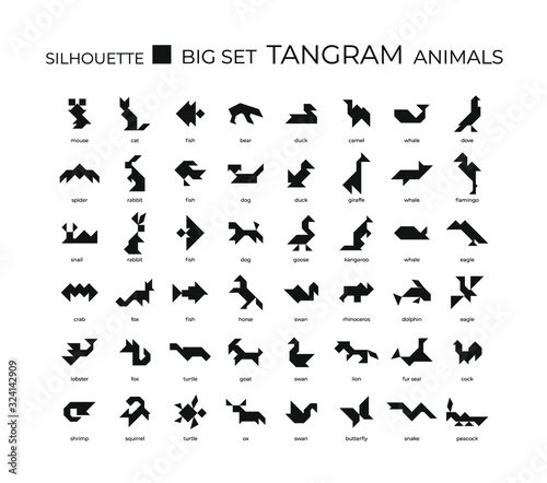 Vector big set of tangram from animals silhouettes. 48 silhouette icons on a white background. Tangram children brain game cutting transformation puzzle vector set.