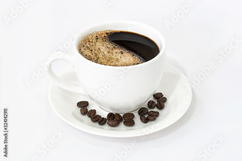 Coffee cup and beans isolated on white background.