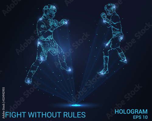 MMA hologram. Holographic projection fights without rules. Flickering energy flux of particles. The scientific design of the sport. © newrossosh