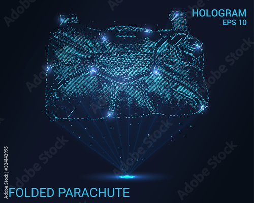 The hologram folded parachute. Holographic projection of a folded parachute. Flickering energy flux of particles.