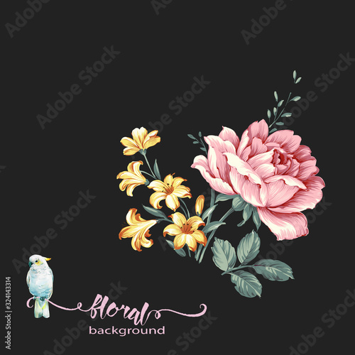 Flowers watercolor illustration,Decorative elegant luxury design.Vintage elements in baroque, rococo style.Design for cover, fabric, textile, wrapping paper