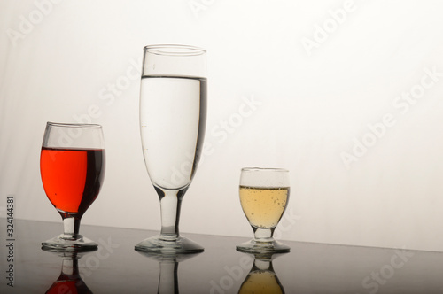Three colors, Refreshments, Wine glass with water,.beer, Apple juice, Wine glass, glassware
