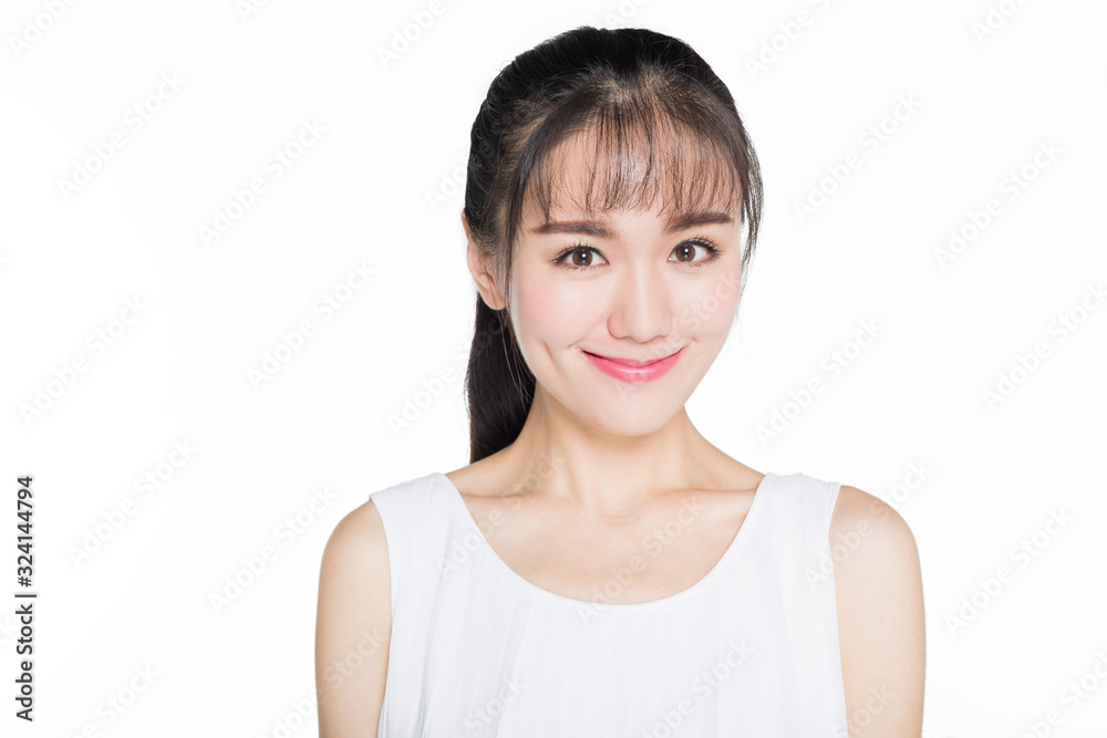 headshot of beautiful woman looking at camera over white background. headshot of beautiful woman looking at camera over white background.