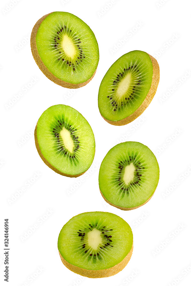 Fototapeta premium Falling green kiwi isolated on white background.