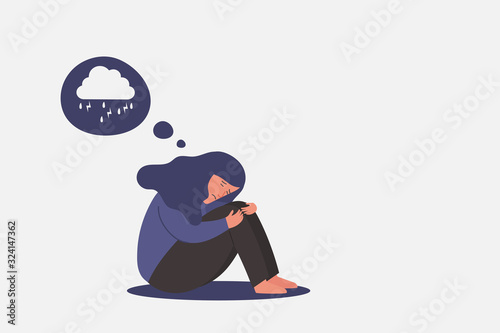 unhappy and sad young girl in depression sitting, lonely woman hugging knees with rainy cloud on mind, sorrow, mental health concept, cartoon female character vector flat illustration