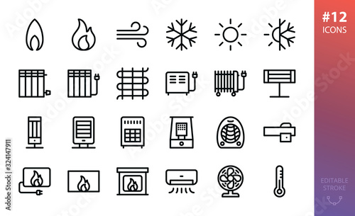 Heating and cooling icons set. Set of heaters, gas and fire flame, air conditioning, infrared heater, oil radiator, electric fireplace insert, electric warm floor, fan heater vector outline icon