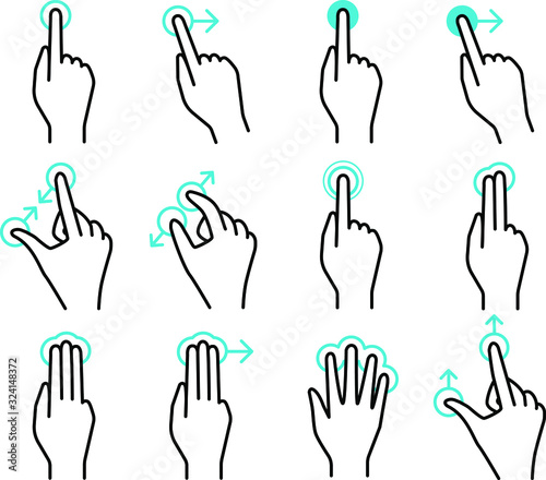 Touchscreen gestures collection. Hand actions on gadget screen - tap, long press, swipe, pinch, spread, double tap etc. Set of vector outline icons.