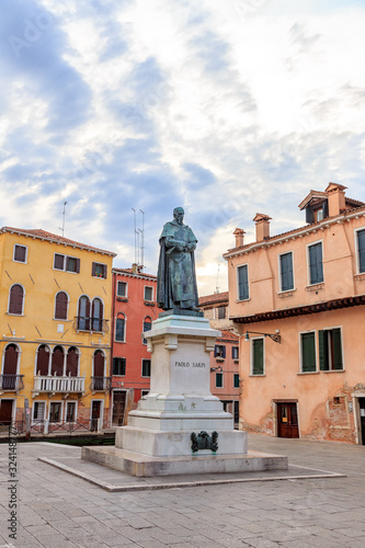 Venice, Italy. Monument to Fra Paolo Sarpi in campo Santa Fosca a Venecia, the work of the sculptor Emilio Marsili (1841-1926) photo